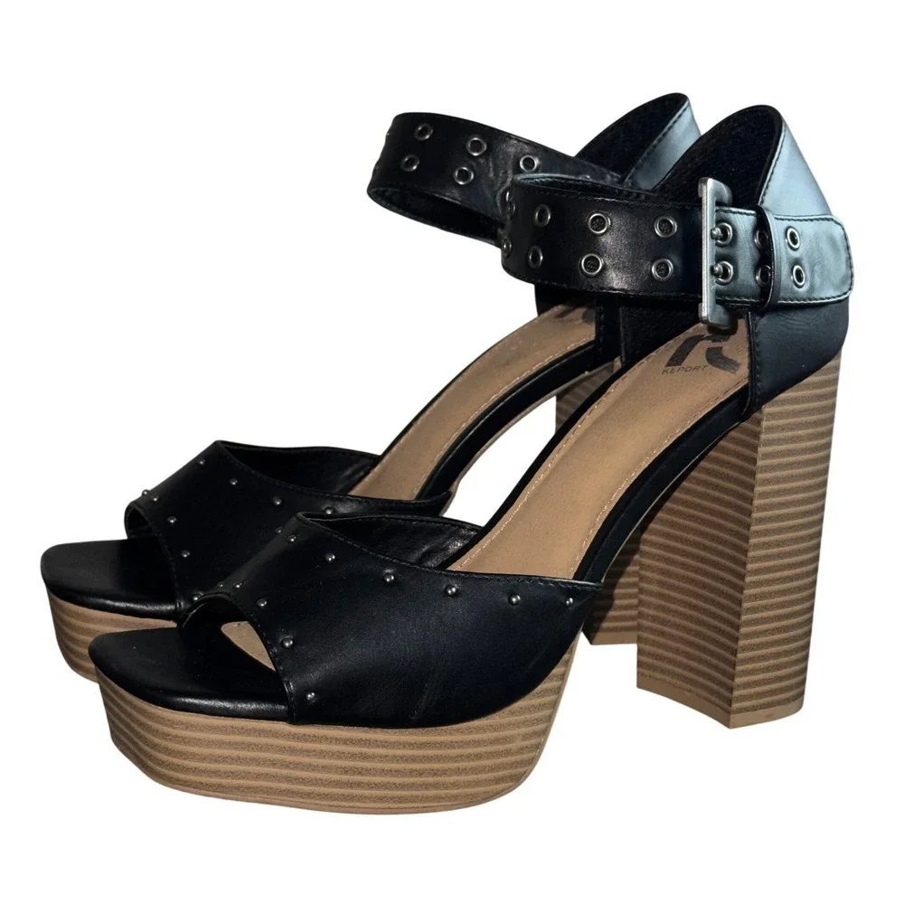 Report Petunia Black Studded Platform Block Heel Sandals Size 9.5 Edgy Goth